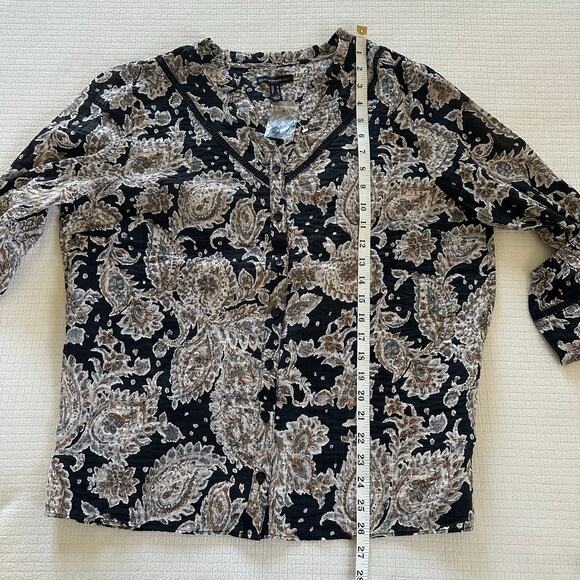 Women's Neutral Beige Black Paisley Boho Relaxed Blouse Isaac Mizrahi New Size M - Picture 6 of 9